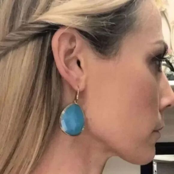 Stella & Dot Serenity Stone Drop Earrings – Aqua Blue Gold Teardrop - Picture 2 of 4